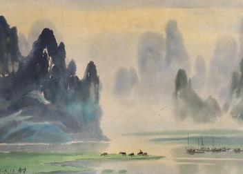 A pair of modern Chinese watercolours, Mountainous river landscapes with junks, signed and dated, 52 x 37cm